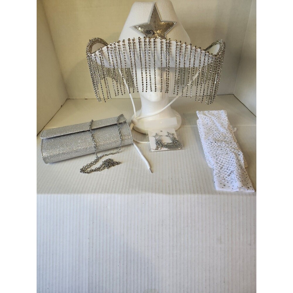 Womens Rhinestone-Cowgirl Hat Wide Medium-Large, White Purse-earrings & Sleeves